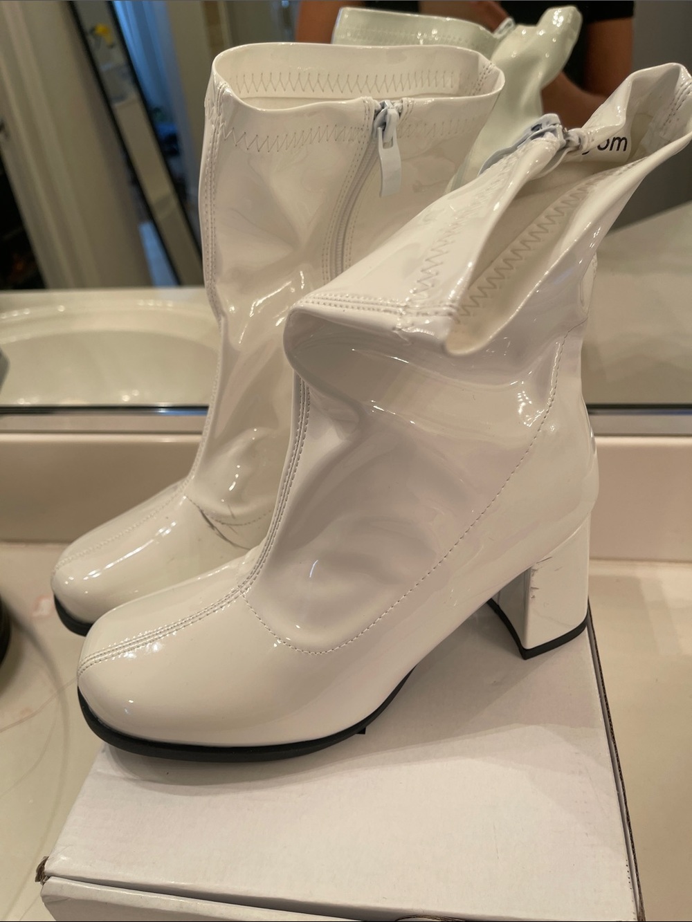 Glossy White Patent Ankle Booties with Block Heel